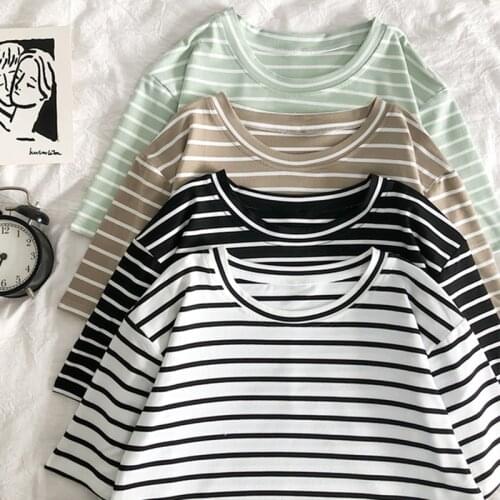 Korean Ulzzang Vintage stripe Casual Slim Women T Shirt Harajuku Fashion Camiseta Streetwear Striped Solid chic female T-shirt