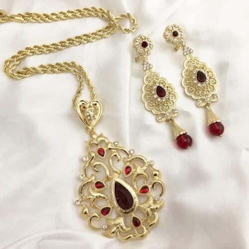 Morocco jewelry-set water-drop crystal big pendant necklace earring luxery golden wedding jewelry Algerian party caftan jewelry