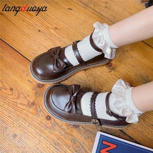 Kawaii Women Pu Leather Lolita Shoes bow Women Lace Up Middle Heel Collage Student Girls Round Head Cosplay Party JK Uniforms