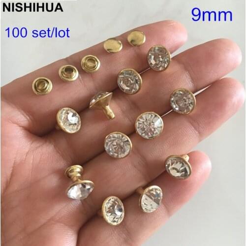 100 Set - 9mm Crystal Clear Faceted Bead Metal Gold Base Rapid Rivets Studs,Decoration Findings For Clothing Crafting,Leather