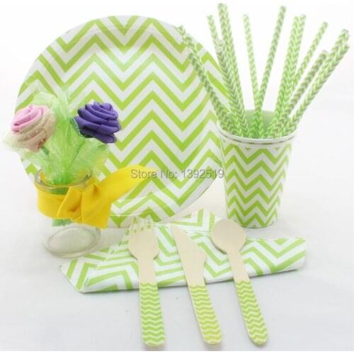 Party Tableware Set Green Color Chevron Design Party Tableware Christmas Party Tableware Paper Plate Cup Straw Napkin Cutlery