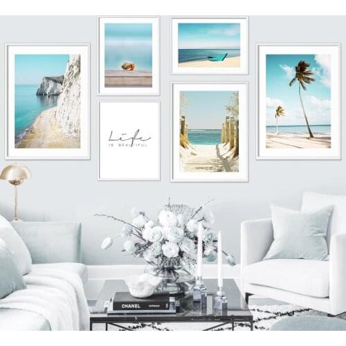 Sea Beach Conch Palm Path Boat Sky Quote Wall Art Canvas Painting Nordic Posters And Prints Wall Pictures For Living Room Decor