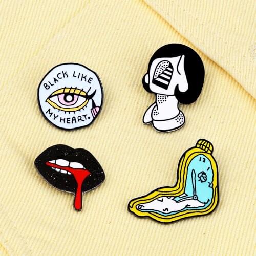 Pill Jackets Eyeliner Lips Enamel Pins Twisted Clock Women Brooches Clothes Bag Lapel Pin Punk Fashion Jewelry Gift for Friends