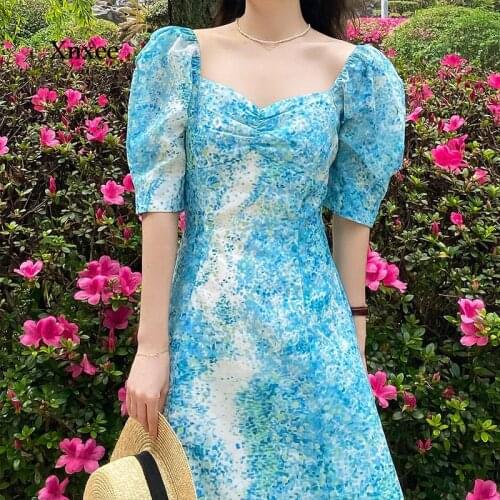 French Square Collar A-Line Fashion Dress Short Puff Sleeve Women Retro Defined Waist Elegant Temperament Dresses Ins Streetwear