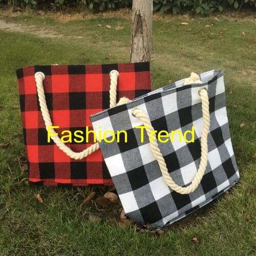 100pcs/lot Buffalo Plaid Red White Black Color Checker Fashionable Women Large Capacity Beach Handbag