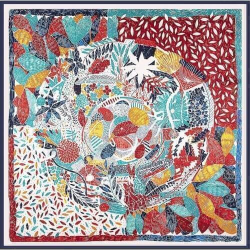 Luxury Brand Silk Scarf Women Pine And Palm Leaves Print Square Scarves Fashion Large Shawls Wraps Hijab For Ladies Neckerchief