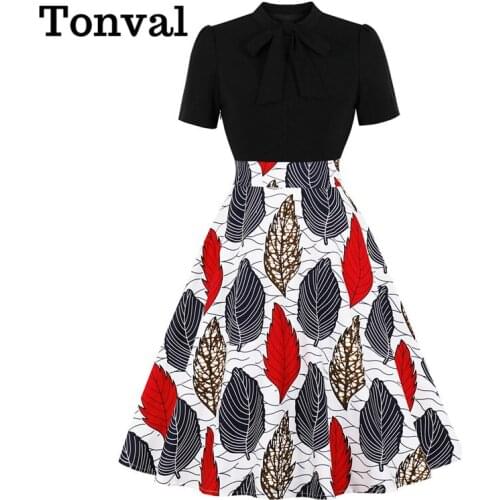 Tonval Bow Tie Neck High Waist Multicolor Print Patchwork Dress Pinup 50S Vintage Women Short Sleeve Midi Clothing Winter New