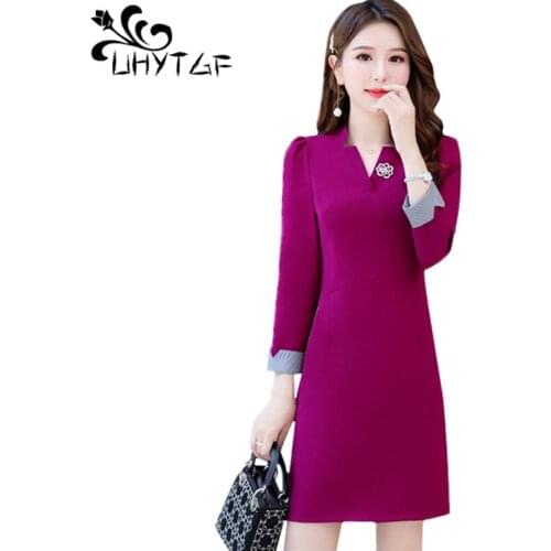 UHYTGF Womens spring dress fashion stitching pullover elegant dresses new zipper business attire casual female dress vestido 892