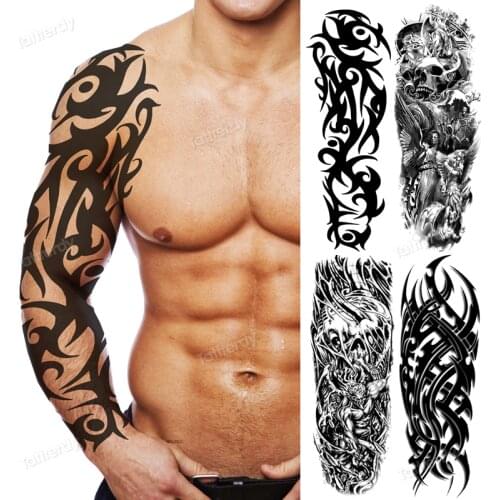 Full arm temporary tattoos large totem tribal big sleeve tattoo sticker body art sexy dragon tiger lion king tattoo designs men