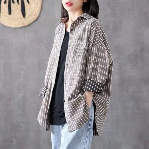 New Spring Korean Style Women Loose Long Sleeve Turn-down Collar Blouse Striped Cotton Linen Single Breasted Casual Shirts