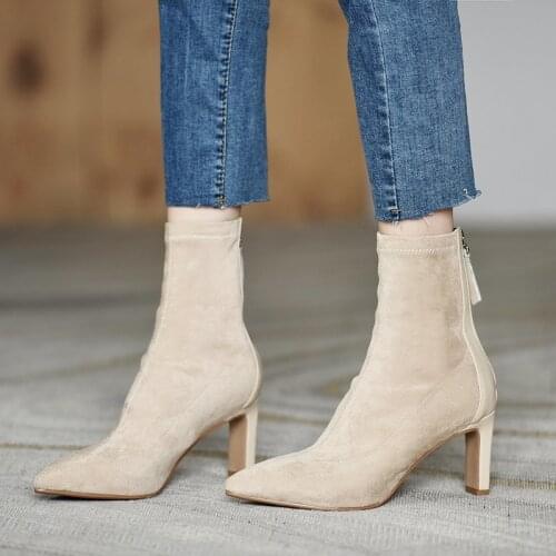 2020 Winter Autumn Women Ankle Boots Faux Suede High Heels Dress Shoes Black Pointed Toe Ladies Shoes Fashion Botas Mujer