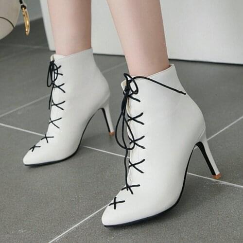 Autumn Winter Female Short Boots Sexy Thin High Heel Pointed Toe Womens Shoes Fashion Cross Tied Simple Large Size Ankle Boots