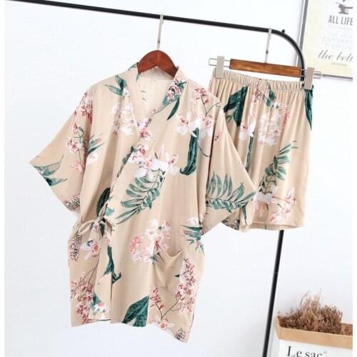 2PC Womens Pajamas Shorts Set Summer Yukata Cute Print Short Sleeve Cotton Komono Robe & Shorts Pijama Set