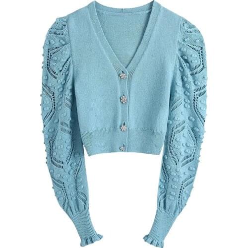2021 New Women Fashion Gem Buttons Cropped Knitted Cardigan Sweater Vintage Long Sleeve Pompoms Female Outerwear Chic Tops