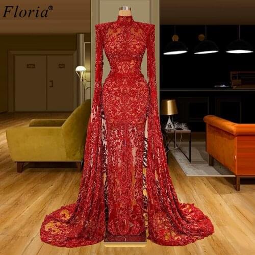 Plus Size Arabic Red Beading Evening Dresses 2020 Long Mermaid Dubai Muslim Prom Dress Party Women Vestidos De Festa Photography