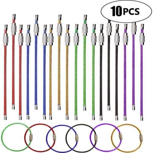 10Pcs Colorful Stainless Steel Wire Keychain Carabiner Key Circle Rope Cable Loop Outdoor Camping Hiking Screw Locking Key Chain