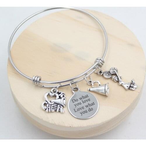 10PCS Stainless Steel Bracelet Expandable Wire Bangle Jewelry I love Cheering Megaphone Bracelets Cheerleader Bracelet for Women