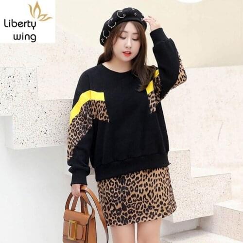 2020 New Autumn Womens Leopard Sweatshirts Streetwear Fashion O-neck Splice Tops Female Large Size XL-4XL Long Sleeve Pullovers