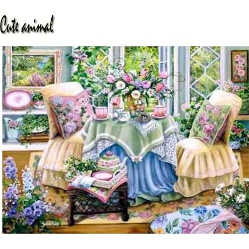 5D Diamond Painting tea garden restaurant scenery Needlework DIY Diamond Embroidery puzzle picture Mosaic Rhinestone Decoration