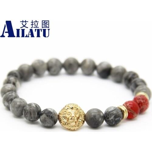 Ailatu Deluxe Mix Color Jewelry Sea Sediment Stone with Gray Veined Picture Brass Lion Head Bracelet Hombre Bracciali