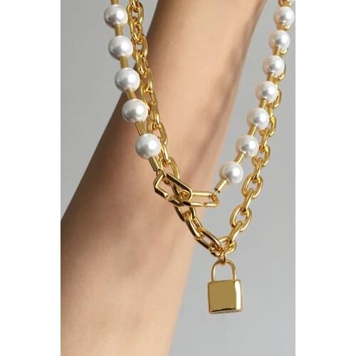 High Quality Lock Pendant Stainless Steel Gold Color Thick Chain White Pearl Double Necklaces For Women Brand Jewelry (DJ1430)