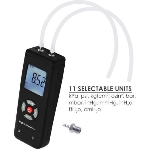 Digital Portable Manometer Handheld Air Vacuum/Gas Pressure Gauge Meter +/-13.78kPa +/-2PSI, 11 Units with Backlight