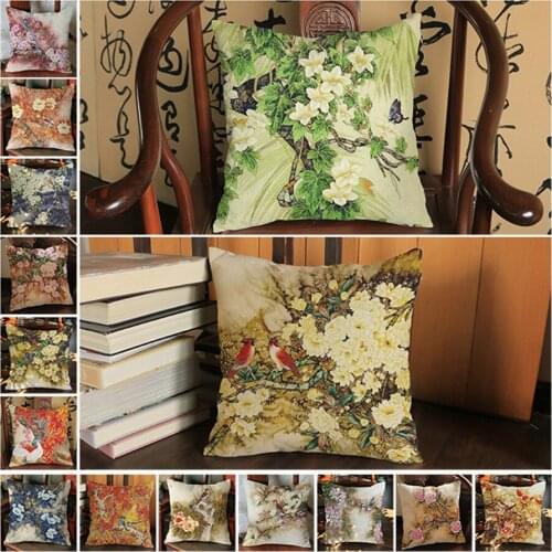 Chinese Style Classical Flower and Bird Cushion Throw Pillows Famous Vintage Painting Peony landscape Decorative Sofa Pillowcase