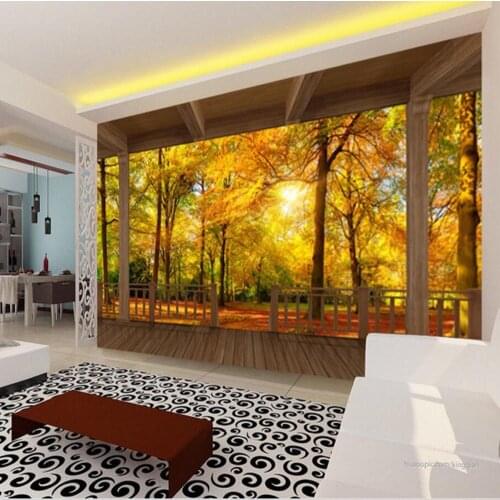 Wood House Balcony Autumn Tree Scenery Photo Mural Wallpapers Roll 3d papel de parede Modern Wallpaper papel Mural Wall Paper 3d