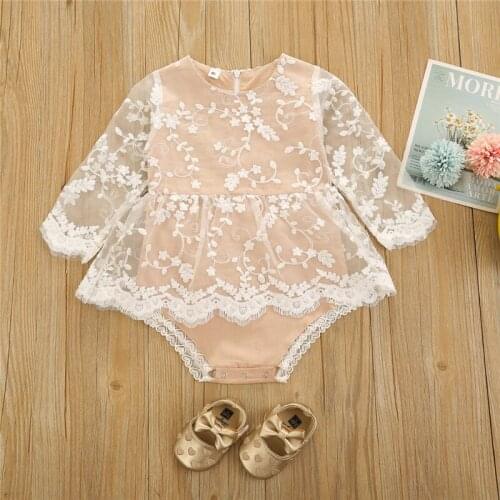 Baby Girl’s Fashion Long-sleeved Jumpsuits Fresh Solid Color Lace Stitching Triangle Romper For 0-24M
