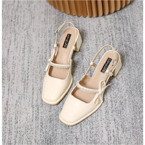 Summer mid-heel square head bow pearl Baotou retro thick-heeled bridal wedding shoes banquet dress all-match female sandals