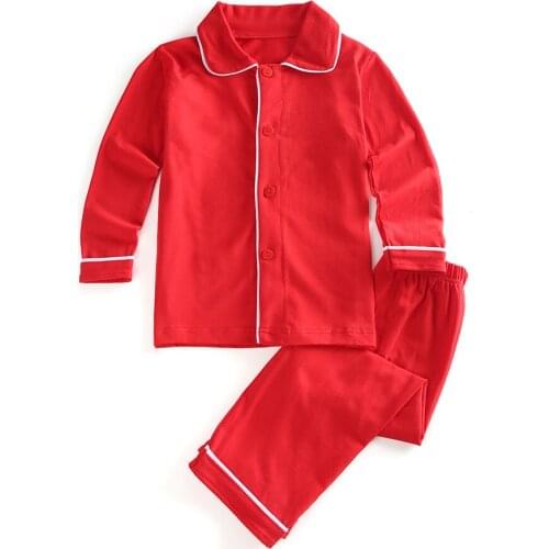 Hot Sale Christmas Long Sleeve Button Up Solid Sleepwear Red Kids Baby Boys Cotton Pajama Sets