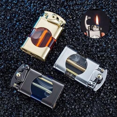Metal Kerosene Waterproof Lighter Transparent Fuel Tank Retro Creative Grinding Wheel Rocker Lighter Mens Gifts