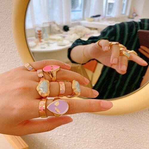 Cute Girl Smiley Face Rings for Women Good Quality Enamel Love Heart Star Flowers Finger Rings bijoux Jewellery Aesthetic Gifts