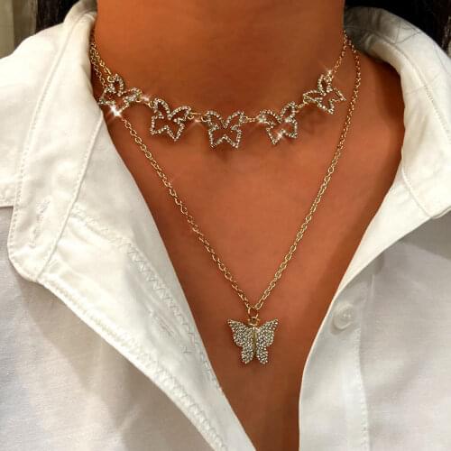 Fashion Shiny Butterfly Crystal Choker Necklace for Women Gold Silver Color Multilayer Butterfly Pendant Necklace 2020 Jewelry