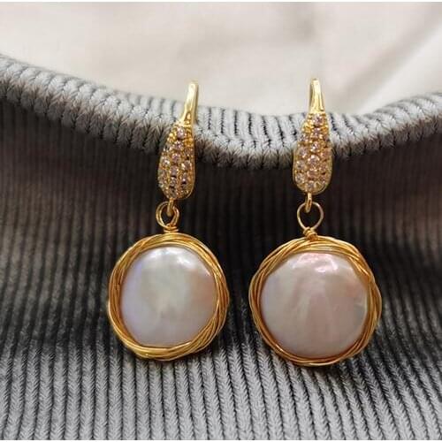 Thread wound 12-13MM special-shaped button Pearl Earrings female micro inlaid zircon round freshwater