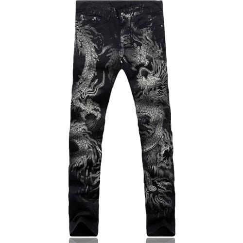 2021 New Mens fashion dragon print jeans Male colored drawing painted slim denim pants Elastic black long trousers Simple