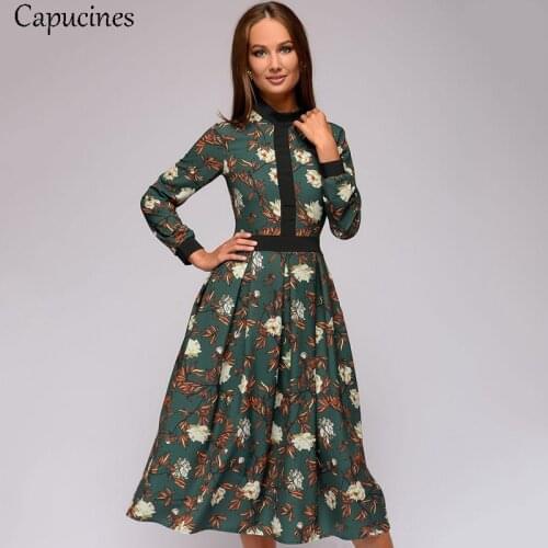 Capucines Spring Autumn Patchwork Vintage Dress Women Print Long Sleeves Casual A-line Mid-Calf Dress Female Vestidos