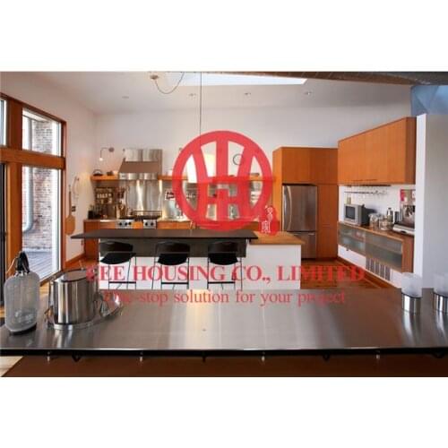 Customized modern laminated wood grain color kitchen cabinet with excellent design and quality MOQ is 1 set & sipping by sea