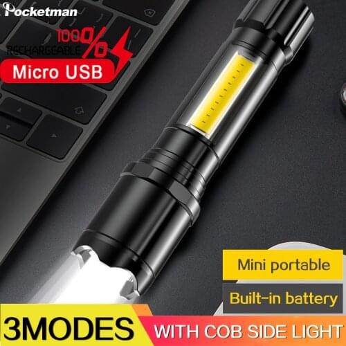 Portable LED Flashlight Built-in Battery Torch USB Rechargeable Flashlight with COB Side Light Pocket Flashlights for Camping