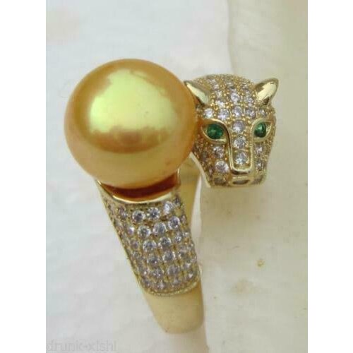 Stunning Natural Round AAA 9-10mm South Sea Yellow Pearl Leopard Ring