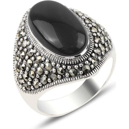 Silver 925 Sterling Onyx & Marcasite Ring