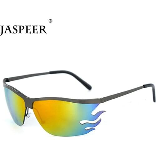 JASPEER 2020 New Steampunk Sport Sunglasses Men Punk Flame Driving Sun Glasses Women UV400 Metal Half Frame Fire Lens Sunglasses