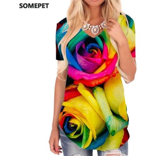 SOMEPET Flowers T Shirt Women Colorful Funny T shirts Art V-neck Tshirt Harajuku T-shirts 3d Womens Clothing Summer Loose New