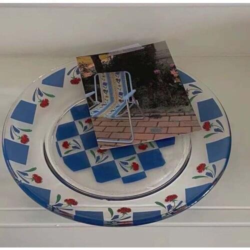Glass Dessert Medieval Decorative Plate Salad Bowl Western Food Dishes Breakfast Tray Blue Checked Retro Niche INS Nordic Style