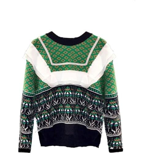 Ruffle Stitching Printed Loose Sweater Womens Diamond Round Neck Long-Sleeved Sweater Outer Wear 2021 Autumn Winter New