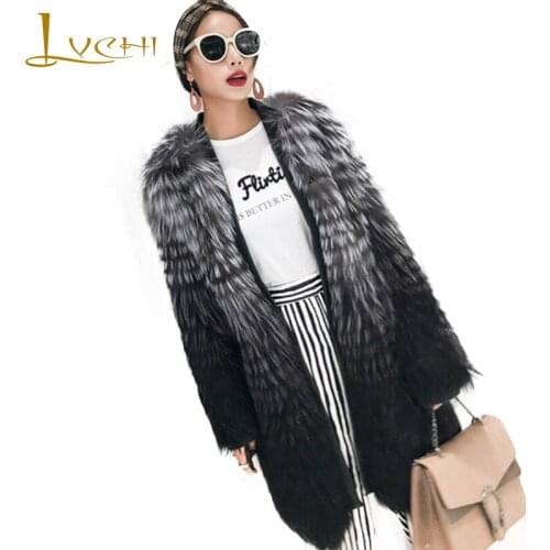 LVCHI 2019 Spring Imported Fox Fur Coats Slim V-Neck Fox Fur Coat Womens Striped Medium Gradient Causal Slim Loss Fox Fur Coats