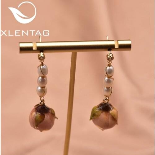 Xlentag New Natural Freshwater Pearl Rose Flower Pendant Earrings Ladies Birthday Party Gifts Fashion Exquisite Jewelry GE1044