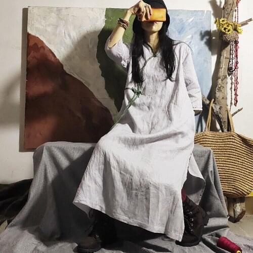 Women Spring Summer Patchwork Dress Ladies Ramie Dresses Female Vintage Ramie Embroidered Dress