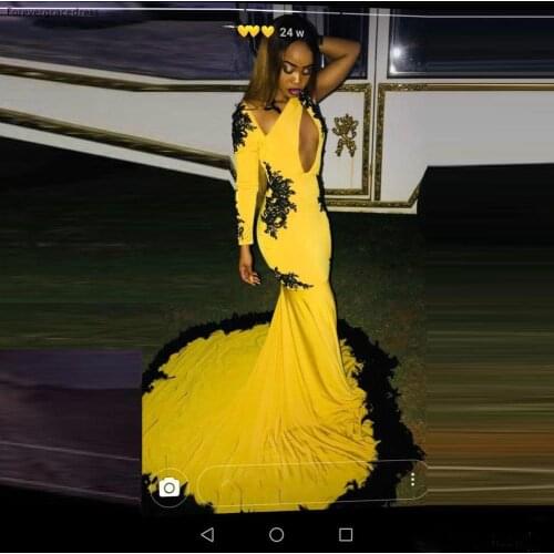 African Girls Yellow Colour Long Sleeves Prom Dresses Mermaid Keyhole Neck Applique Party Gowns Women Wear Plus Size Available