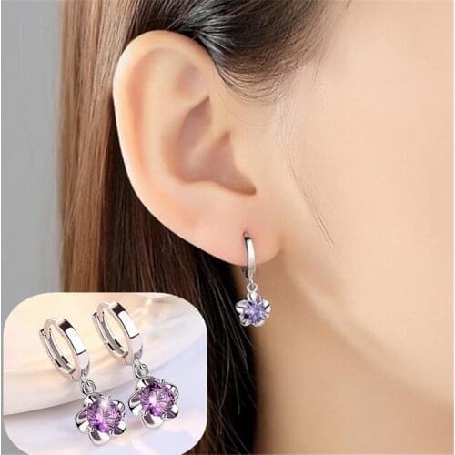 Fashion silver Color Korean Simple purple Crystal flower Stud Earrings For Women Wedding Jewelry Bridal Engagement Earrings